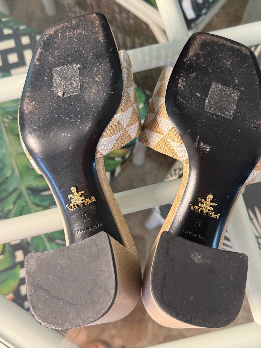 Prada Beige & White Geometric Slide Mules - Picture 6 of 6